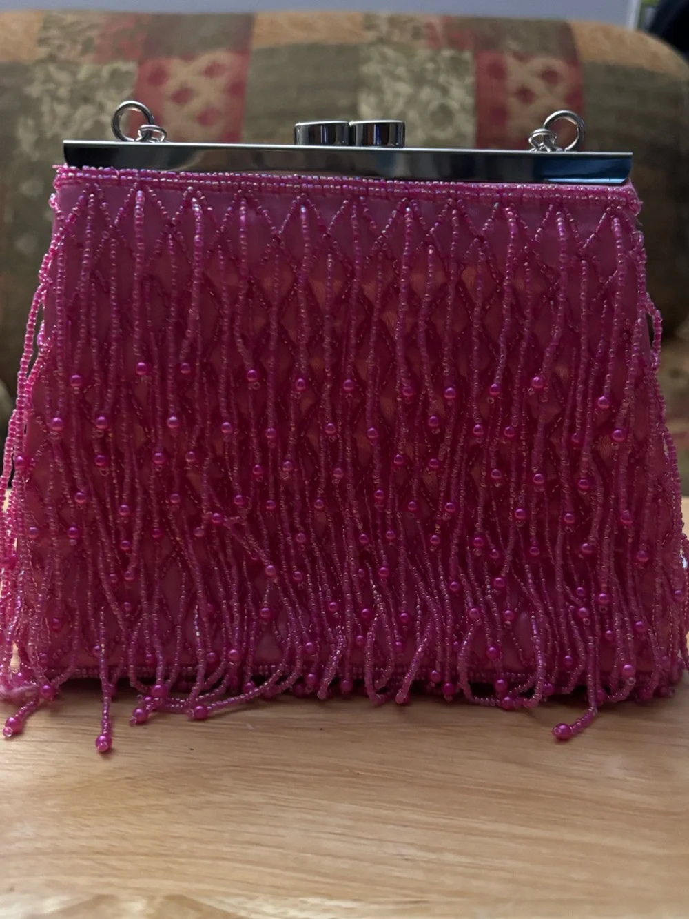 Pink Beaded Fringe Evening Clutch – Elegant Party Wristlet